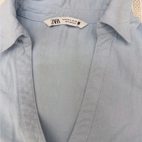 ZARA Linen Blend Tiered Babydoll Mini Dress Blue Medium Coastal Summer - Picture 3 of 7